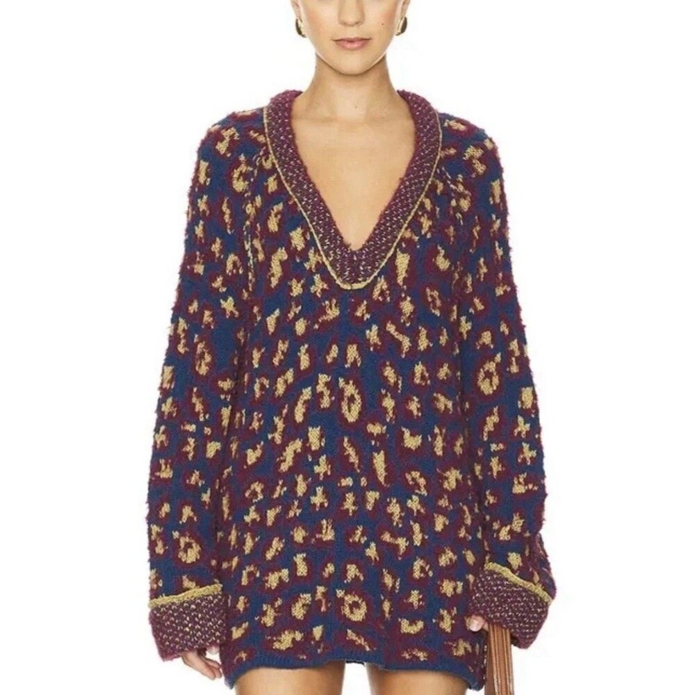 NWT Free People Little Animal Pullover Sweater in Blue Fig Combo Size XS